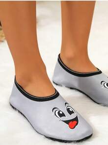 Women's Elastic Breathable Cartoon Smiling Face Indoor Slippers, Lightweight And Compact For Travel, All-Season Home, Outdoor Beach And Pool Shoes - Grey - View 3