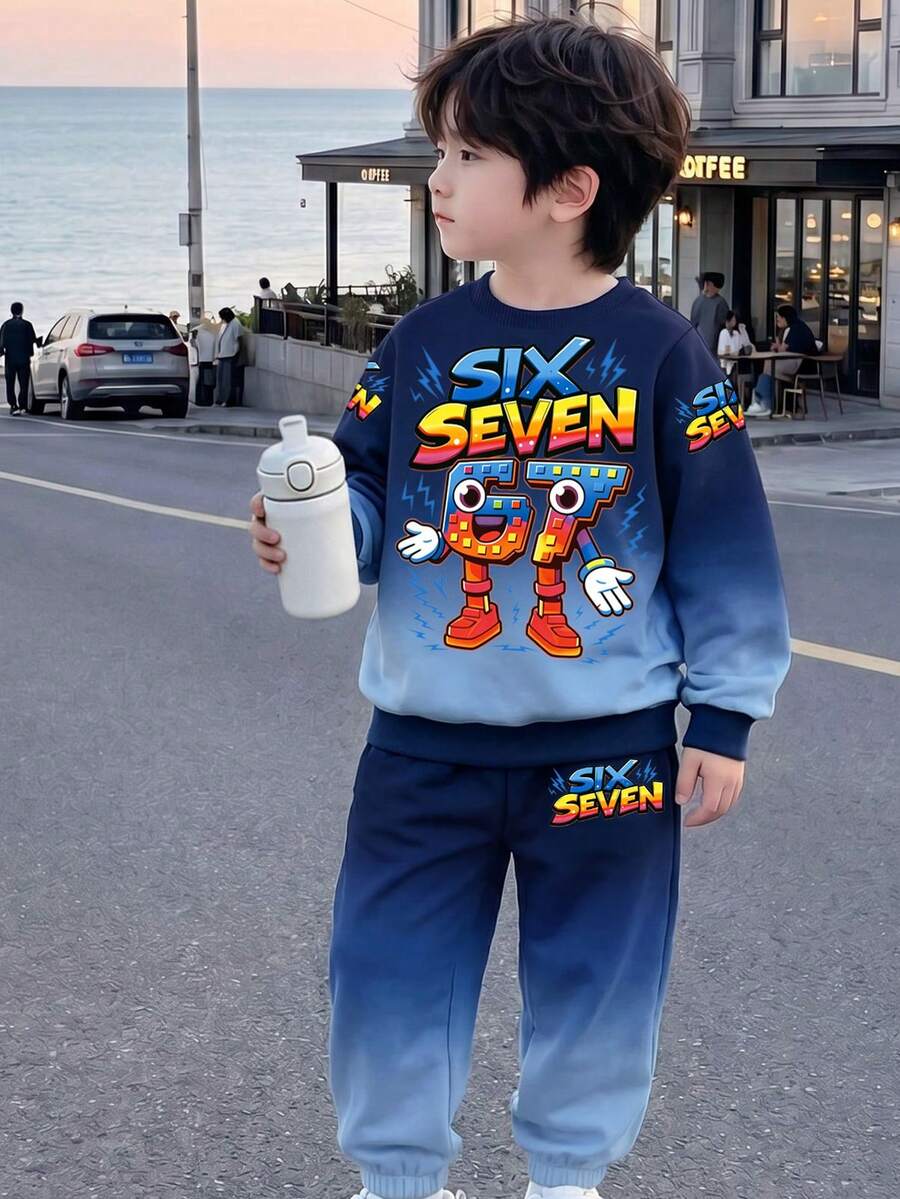 Boys Spring/Autumn 2-Piece Set, Gradient Cartoon Pixel Style 67 Number Anthropomorphic Letter Print Crew Neck Sweatshirt With Matching Jogger Pants, Playful Casual Everyday Outfit - Blue - View 1