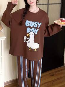 2pcs Women's Pajamas Loungewear Set, Round Neck Couple Style Pullover Cute Goose Print Long Sleeve Pants, Comfortable For Home Wear - Brown - View 7