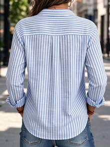 Women Linen Button Down Shirts Striped Long Sleeve Casual Collared Blouse Lightweight Office Work Tops - Blue - View 2