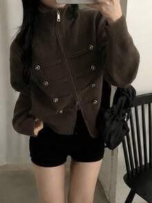 Vintage Style Autumn/Winter New Women's Knit Cardigan Sweater With Stand Collar, Double Zipper And Button Design, Thick Loose Fit, Slimming Versatile Outerwear - Coffee Brown - View 1