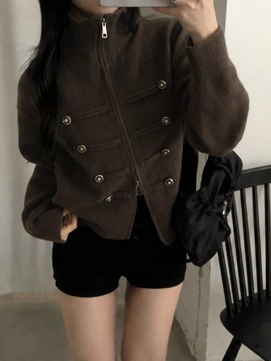 Vintage Style Autumn/Winter New Women's Knit Cardigan Sweater With Stand Collar, Double Zipper And Button Design, Thick Loose Fit, Slimming Versatile Outerwear - Coffee Brown - View 1