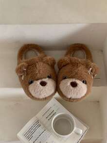 XIXITIAO Cute Big‑Eye Bear Fuzzy House Slippers, Warm Plush Couple Winter Cozy Indoor Home Slippers - Yellow-brown - View 4