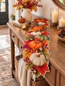 1pc Autumn Pumpkin Linen Table Runner, Harvest Theme Layered Pumpkin, Maple Leaf, Berry & Acorn Pattern, Asymmetrical Shape Rustic Farmhouse Style Dining Table Decor, Suitable For Thanksgiving Dinner, Autumn Party, Kitchen, Dining Table & Home Decoration - Multicolor - View 8