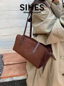 1pc Solid Color Suede Velvet New Women's Bag, Shoulder Bag, Fashionable Large Capacity Baguette Bag, Suitable For Commuting, Shopping, Dating, Shopping - Coffee - View 7