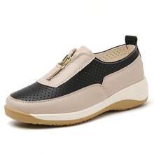 Women's Perforated Breathable Front Zipper Casual Sports Shoes, Patchwork Design, Wedge Heel Thick Sole, Home Daily Commute Shoes - Black Brown - View 2