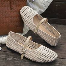 Women's Breathable Hollow Woven Single Strap Buckle Solid Color Square Toe Flat Mary Jane Shoes, Vintage Style, Daily Commute, Spring/Summer, Beige, Low Vamp - Apricot - View 2
