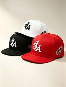 1pc Unisex Flat Brim Baseball Cap, Gothic‑Style LA Embroidery, Rose Cross Print On Side, Hard Crown, Adjustable, For Daily, Street, Party, Travel Wear - Multicolor - View 4