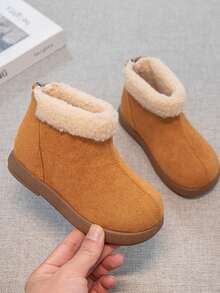 Kids Faux Suede Short Winter Boots, Fuzzy Fleece Cuff Lined Warm Snow Boots, Soft Flat Sole, For Autumn Winter Daily, Outdoor & School Wear - Camel - View 5