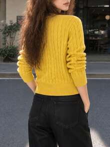 Women's Autumn/Winter Casual Minimalist Cable Knit Design Colorful Button Round Neck Cardigan Sweater Jacket - Yellow - View 2