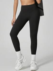NcmRyu Women's 1pc Solid Color High Waist Minimalist Butt-Flattering Tummy Control Running Workout Leggings, Autumn/Winter - Black - View 11