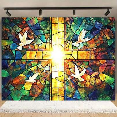 2D Plane 1 Painted Glass Cross And White Dove Banner-2D Plane Religious Wall Decoration, Colorful Window Design, Suitable For Easter, Christmas, Wedding, Church Activities-White Dove Symbolizes Peace, Party Decoration, Without Power Supply.