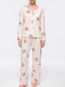 2pcs/Set Women's Pajamas Loungewear Set, Cardigan Cute Cat Print Fashion Long Sleeve Long Pants, Easy Care Fabric - Champagne - View 5