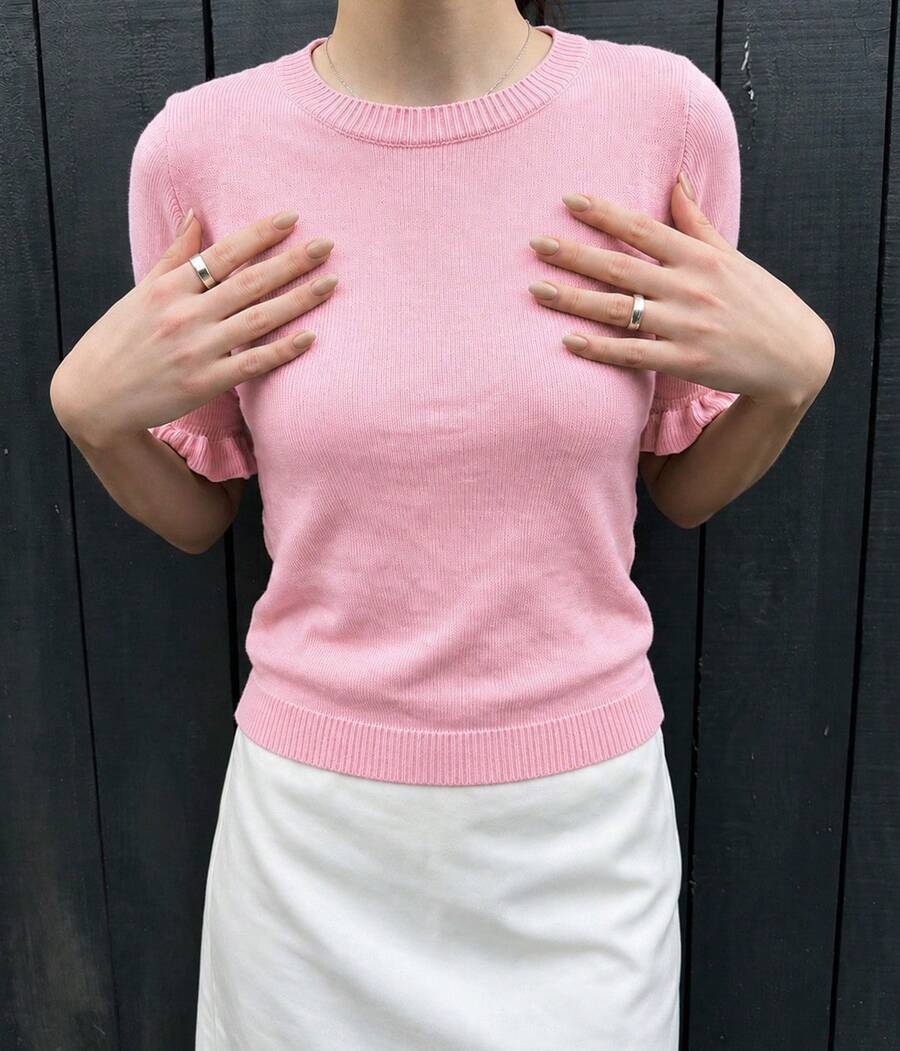 Women's Casual Solid Color Round Neck Ruffle Short Sleeve Loose Fit T-Shirt, Spring/Summer Style, Suitable For Dating And Daily Wear - Pink - View 1