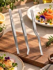 1/3Pcs Stainless Steel Plating Tweezers Set, 6.3-Inch Kitchen Chef Tweezers With Straight And Curved Tips, Food Presentation Tongs For Cooking, Baking, Cake Decorating And Dessert Plating - Multicolor - View 2