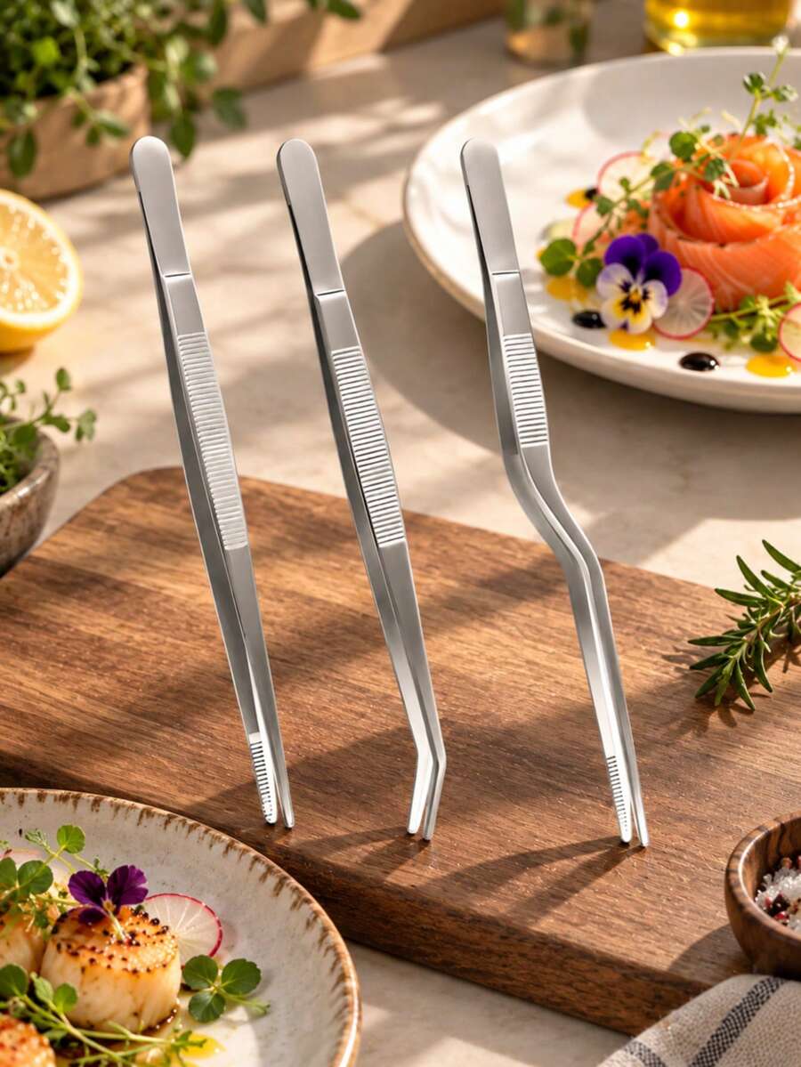 1/3Pcs Stainless Steel Plating Tweezers Set, 6.3-Inch Kitchen Chef Tweezers With Straight And Curved Tips, Food Presentation Tongs For Cooking, Baking, Cake Decorating And Dessert Plating