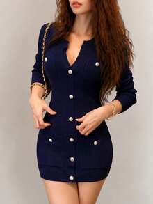 Women's New Autumn/Winter Elegant Celebrity Style Unique Button Slimming Dress - Navy Blue - View 3