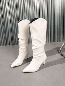 Women's Pointed Toe White Stiletto High Heel Knee-High Boots, Ruched Tall Boots, Y2K Style Sexy Elegant High Heel Boots, Suitable For Autumn/Winter Party And Date - White - View 6