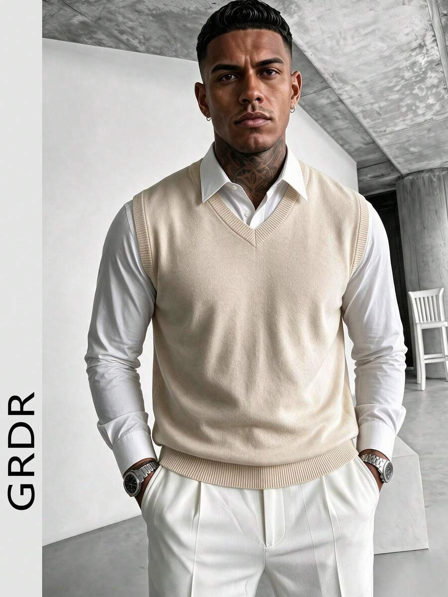 GRDR Men's Solid Color V-Neck Casual Versatile Knit Vest