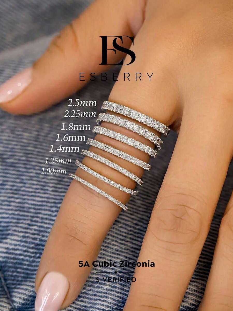 ESBERRY 1 pieza Anillo de boda con corte redondo de 1.4-1.8mm, anillo semi-eterno, anillo apilable con pavé de diamantes de círculo completo, anillo de boda con engaste de garra única