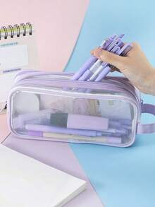 Transparent Mesh Double Compartment Pencil Case, Mesh Cosmetic Storage Bag With Handle, Transparent Marker Storage Bag For Office, Business, Travel, Student Back To School, Pencil Pouch, Backpack - one-size - View 4