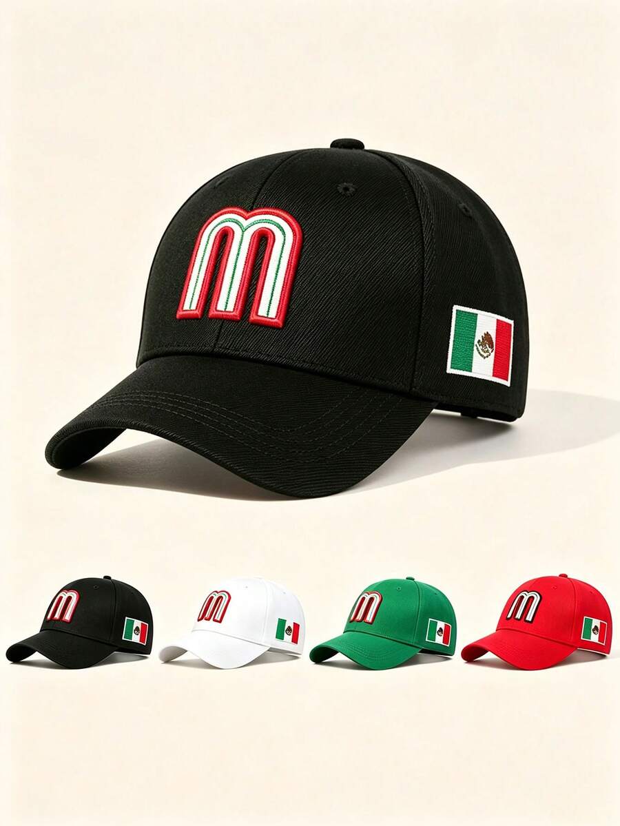 1pc Unisex Curved Brim Baseball Cap, M‑Letter Embroidery, Mexico Flag Print On Side, Adjustable Strap, For Daily, Street, Outdoor, Travel Wear