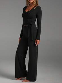 2pcs Yoga Fitness Workout Set: Wrap Waist Long Sleeve Sports Top + High Waist Wide Leg Pants - Black - View 7