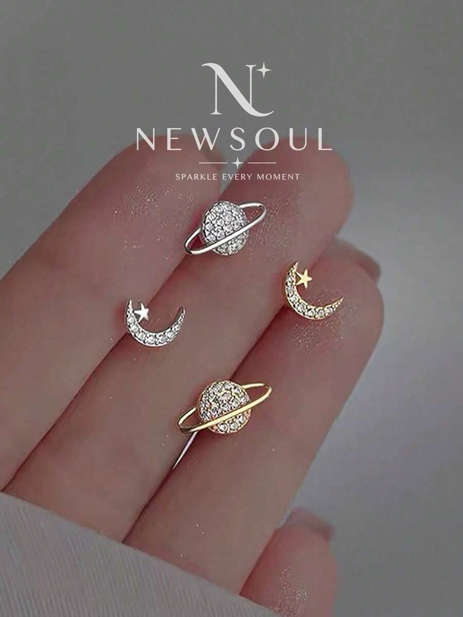 1 Pair Fashionable Versatile Asymmetric Planet & Moon Earrings, Suitable For Daily Wear And Party Outfits, Best Gift For Women, Exquisite Jewelry Present