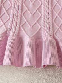 2pcs/Set Baby Girl Sweet 3D Cable & Diamond Pattern Round Neck Ruffle Long Sleeve Knit Sweater And Knit Pants, Elegant Casual Outfit For Daily Wear, School, Spring/Autumn/Winter - Mauve Purple - View 5