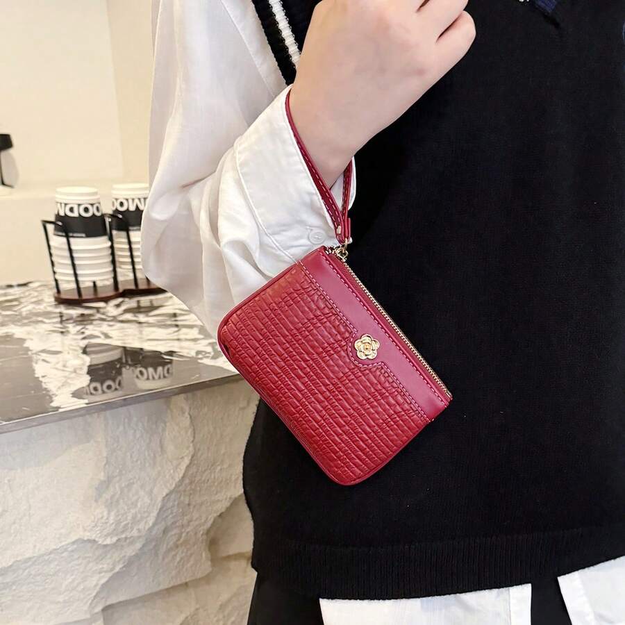 Women's Red Quilted Leather Wristlet Wallet Zip Around Card Holder Clutch Coin Purse With Gold Flower Charm - Red - View 1