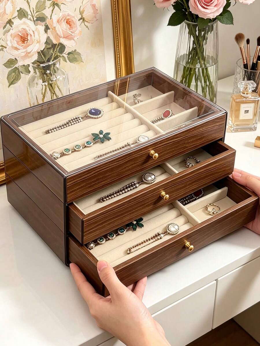 1pc Luxury Black Walnut Wood Jewelry Box, 3-Layer Wooden Jewelry Storage Box, Drawer-Style Jewelry Box, Transparent Acrylic Jewelry Storage Box, Classic Style - Multicolor - View 1