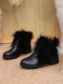 Women's New Autumn/Winter Fur Trim Ankle Boots, Round Toe, Chunky Heel, Thick Sole, Leather, Daily Versatile Warm Ankle Boots - Black - View 7