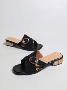 Rhinestone Criss-Cross Strap Open Toe Slide Sandals For Women, Metal Buckle Chunky Heel, 2 Colors Available, Party Style, Suitable For Midi Skirts, Wide Leg Pants, Jeans, Commuting And Casual Wear - Black - View 3