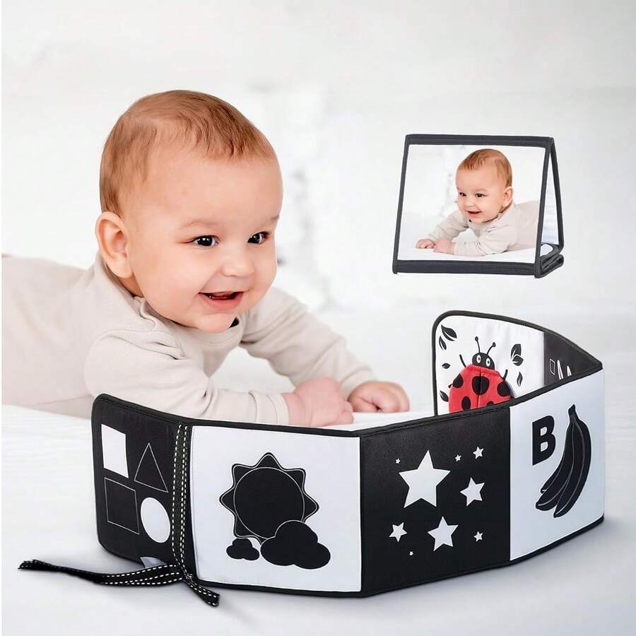 Montessori Sensory Play Book, High Contrast Black & White Soft Crinkle Pages With Mirror, Visual Stimulation Activity For Tummy Time, Foldable & Portable Early Learning Cloth Book With Ties For Newborns