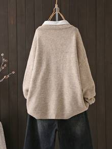 Plus Size Women V‑Neck Knit Sweater Long Sleeve Drop Shoulder Loose Plus Size Fall Winter Pullover Top - Khaki - View 2