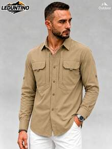 LEDUNTINO [Spring/Summer]Men's Fashion Button Casual Outdoor Shirt, Pure Green, Sports Cargo Style Style, Quick Dry, Boyfriend Gift, Men's Spring/Autumn Long Sleeve Shirt - Khaki - View 2