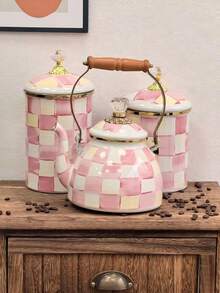 Retro Checkered Enamel Kettle With Wooden Handle & Diamond‑Shaped Lid, Multi‑Purpose Large‑Capacity Storage Jar, Heat‑Resistant Tea & Coffee Pot, Home Desktop Decor, Holiday & Birthday Gift - Pink and White Plaid - View 3