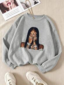 Women's Plus-Size Fashionable And Versatile Crew Neck Sweatshirt, Portrait Graphic Print, A Casual And Streetwear Top For Autumn And Winter. - Grey - View 5
