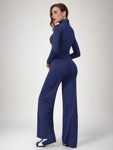 NcmRyu Women's One Set Polka Dot Stand Collar Long Sleeve Zipper Jacket & Straight Wide Leg Pants - Navy Blue - View 7