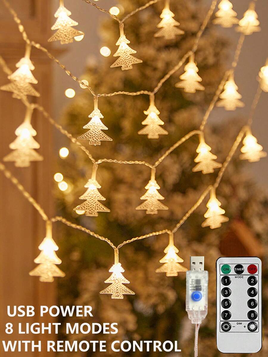 USB供電LED聖誕樹串燈,附遙控器,8種燈光模式暖白色仙女燈,聖誕樹派對居家臥室宿舍室內壁掛裝飾燈,節日冬季美學裝飾燈,聖誕樹燈 - 透明聖誕樹 - 查看 1