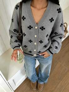 Women's Autumn/Winter Minimalist Clover Design Contrast Color Metal Button Cardigan, Fashionable Elegant Loose Casual Versatile Knit Sweater Long Sleeve Jacket Top - Grey - View 7