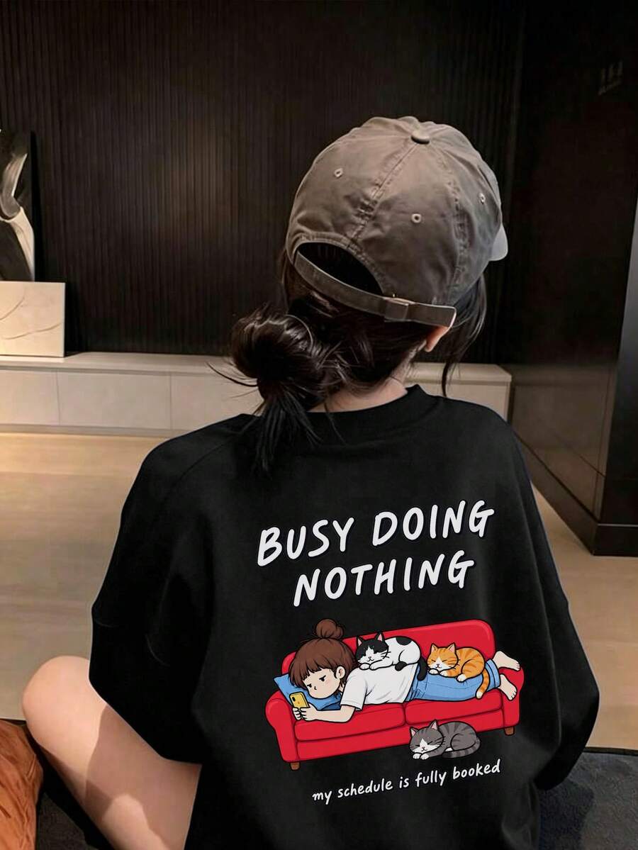 Women's Fashion Autumn/Winter Loose Minimalist Versatile Letter Cartoon Print Long Sleeve T-Shirt - Black - View 1