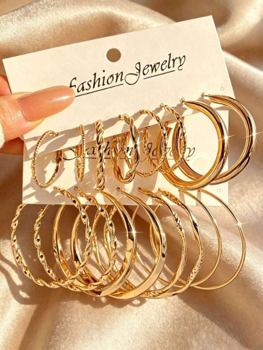 16pcs/Set Women's Metal Twisted Flower Earrings, Gold Earrings, Layered Earrings, Minimalist C-Shaped Earrings Suitable For Daily, Party, Beach - C Multi-size Earring Set - View 1