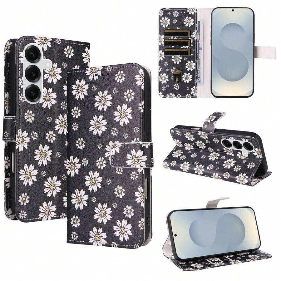 1 buah Dompet Ponsel Kulit Sintetis Kompatibel dengan Apple 18 Pro Max, A57, Note 15 PRO, Casing Pelindung Portabel dengan Motif Bunga Daisy (Versi Global, Bukan Model Lokal) - Putih - View 1