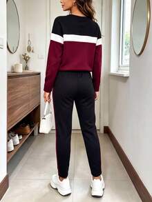 2pcs Women Fashion Set, Colorblock Round Neck Long Sleeve T-Shirt And Pants, Autumn/Winter Casual Spring Elegant - Burgundy - View 8