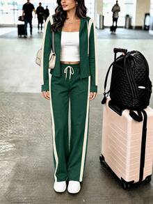 Women's Autumn/Winter Hooded Colorblock 2 Pieces Set, Zipper Pocket Drawstring Top + Straight Leg Pants, Suitable For Office And Casual Wear - Dark Green - View 1