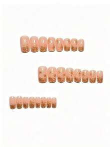 24PCS Christmas Gentle Nude Snowflake Press‑On Nails, Clear Nude Base With Golden Snowflake Print On Nail Tips, Versatile False Nails For Commute & Banquet - Gold - View 5