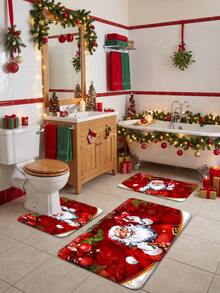 1pc/3pcs Christmas Series Santa Claus Pattern Bathroom Rug Set, Velvet Material, Kitchen Bathroom Bedroom Washable Floor Carpet Decor, Christmas Decoration, Set Includes Bath Mat, U-Shaped Contour Mat And Vanity Mat - A - View 4