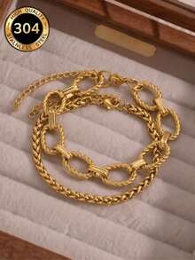 2pcs/1pc Hip-Hop & Fashionable Stainless Steel Chunky Chain Bracelet, Unisex Daily Wear - Yellow Gold - View 1
