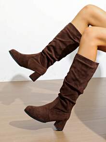 Women's New Western Boots Ruched Stacked Maillard Tall Boots Cowboy Riding Boots Knee-High Boots - Coffee Brown - View 1